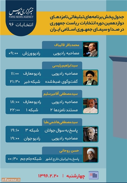 برنامههای امروز (20 اردیبهشت) نامزدهای ریاست جمهوری در صداوسیما برنامههای امروز (20 اردیبهشت) نامزدهای ریاست جمهوری در صداوسیما