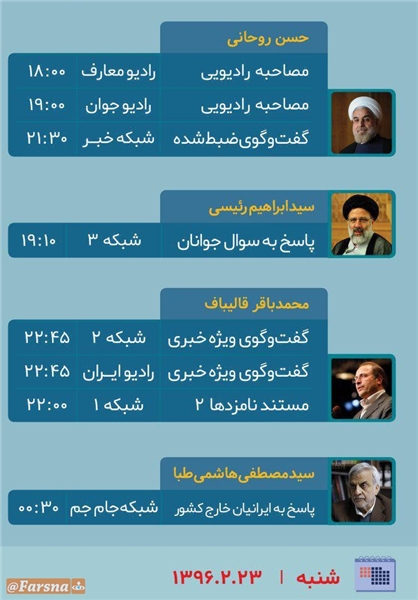 برنامههای امروز (23 اردیبهشت) نامزدهای ریاست جمهوری در صداوسیما برنامههای امروز (23 اردیبهشت) نامزدهای ریاست جمهوری در صداوسیما