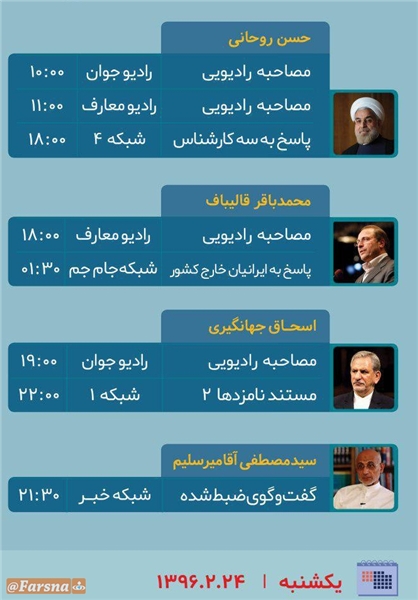 برنامههای امروز (24 اردیبهشت) نامزدهای ریاست جمهوری در صداوسیما برنامههای امروز (24 اردیبهشت) نامزدهای ریاست جمهوری در صداوسیما