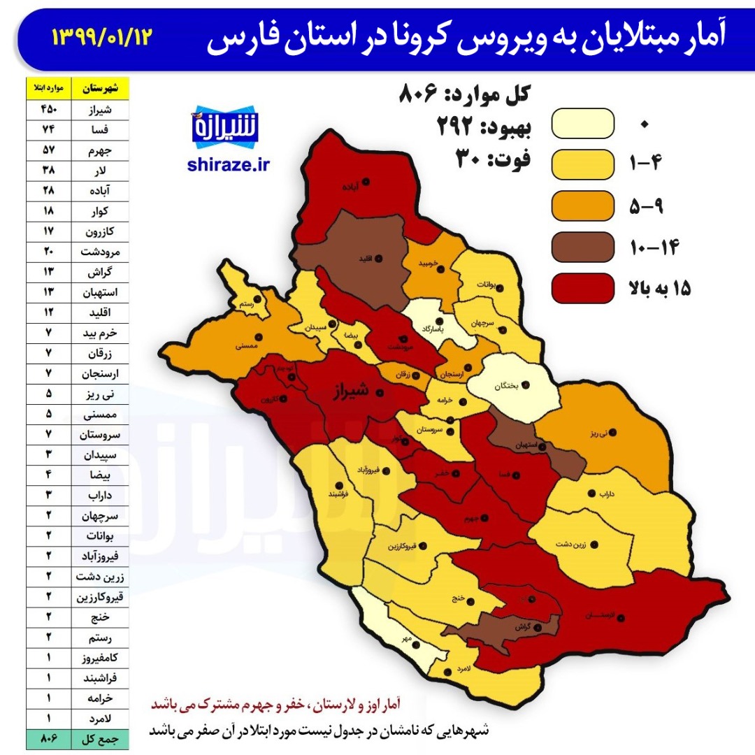 اینفوگراف آمار رسمی کرونا ویروس در استان فارس به تفکیک شهرستان اینفوگراف آمار رسمی کرونا ویروس در استان فارس به تفکیک شهرستان